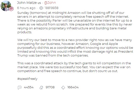     Новости США - Amazon отключит соцсеть Parler от хостинга - последние новости    